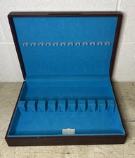 Vintage MCM Wood Silverware Flatware Storage Chest Box Turquoise Blue Interior