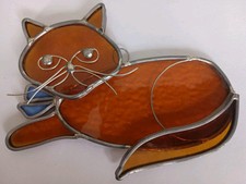 VTG Stained Glass Handmade Cat Sun Catcher Amber Artisan Scottsdale AZ 6 By 4.5"