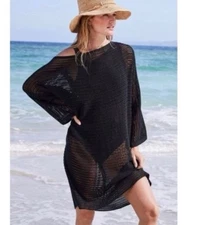 Soft Surroundings Women's Black Crochet Maxi Coverup Size  L Beach Ocean Pool