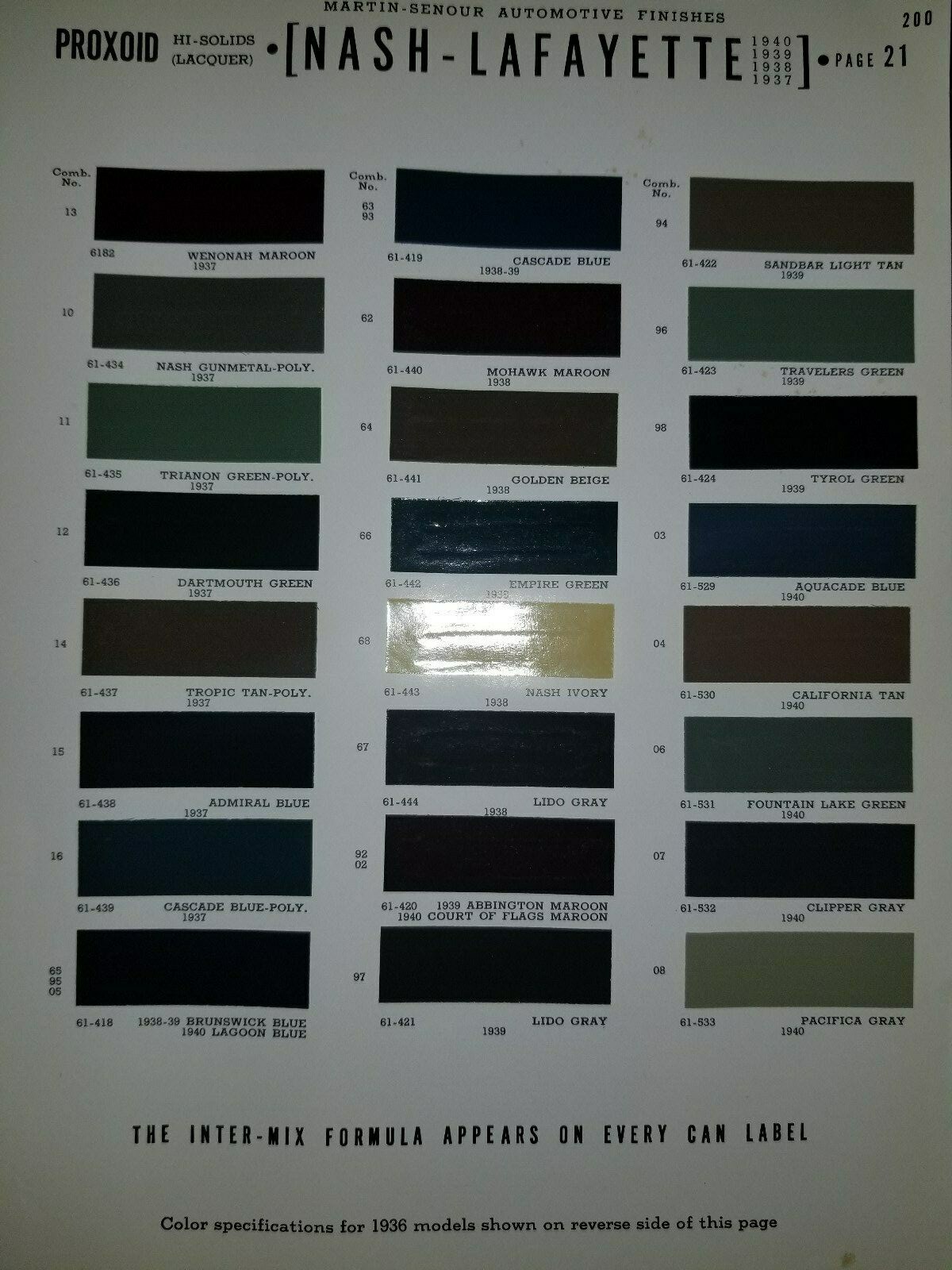 1937 1938 1939 1940 Nash Lafayette Paint Color Chips Martin Senour