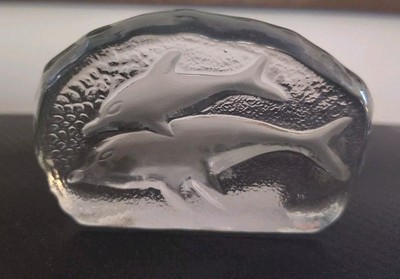 Vtg Two Dolphins Swimming Paperweight  Textured Clear Art Glass Ice Block 