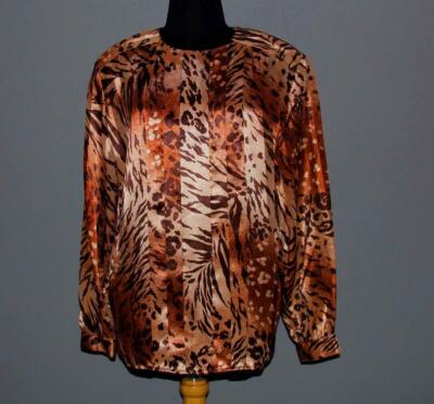 VTG Leopard Tiger L/S No Collar Pleated Metallic Thread Blouse Wms 10 NWT Nice