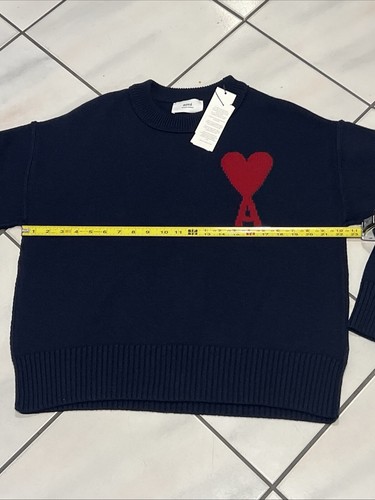 Pullover girocollo uomo S Ami Paris Ami De Coeur rosso ADC felpa lana blu navy nuovo - Foto 4 di 5