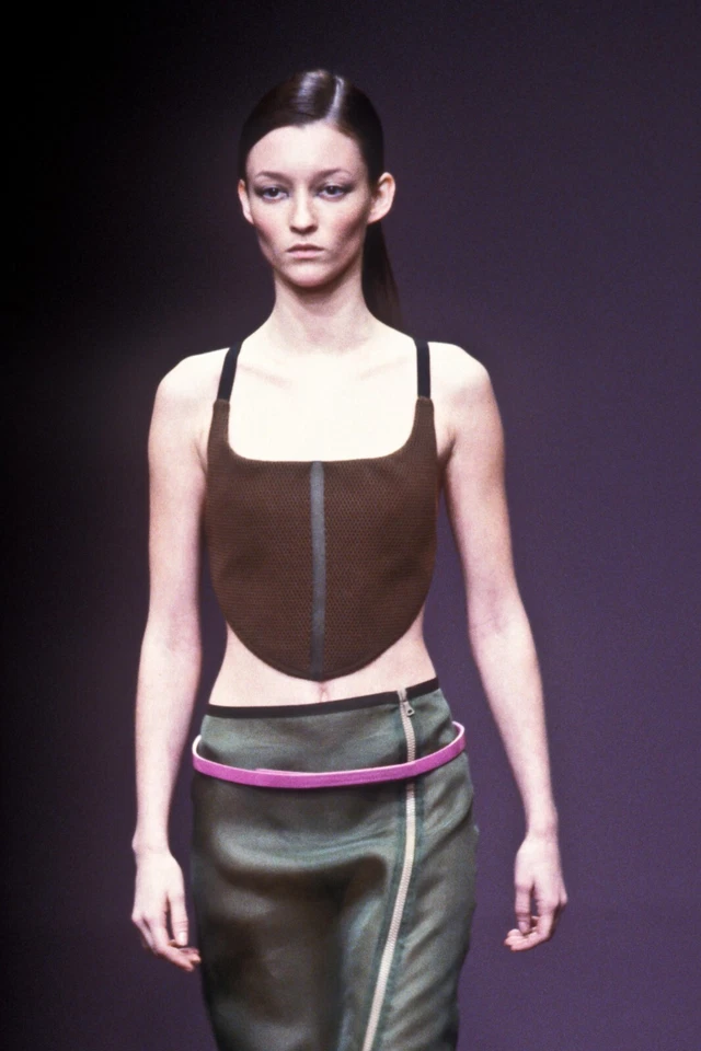 Prada 复古 Archive 1999 年秋季绿色丝绸 Organza 棕色麂皮绒装饰拉链裙 40 — 第 4/4 张图片