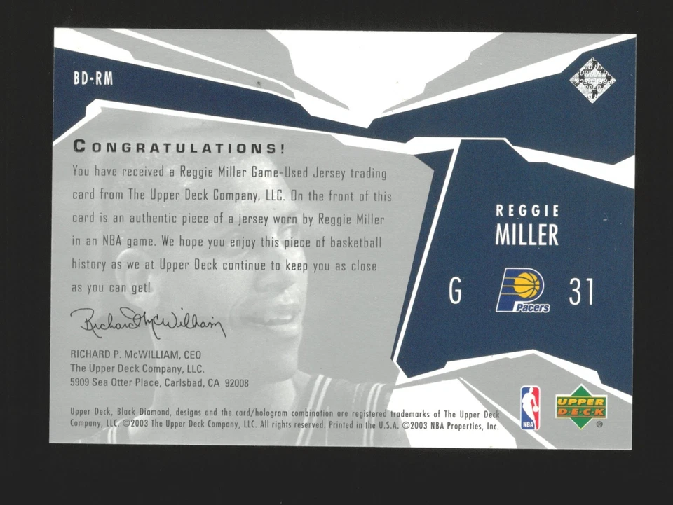 Parche de jersey de un solo diamante Reggie Miller 2003-04 Upper Deck Black Diamond Foto 2 de 2