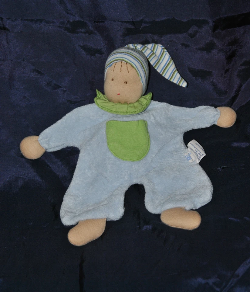 🍀Doudou Poupée Bleu Plat ALANA DM Eponge Poche Vert Lutin Bonnet Rayé Coton - Photo 1/1