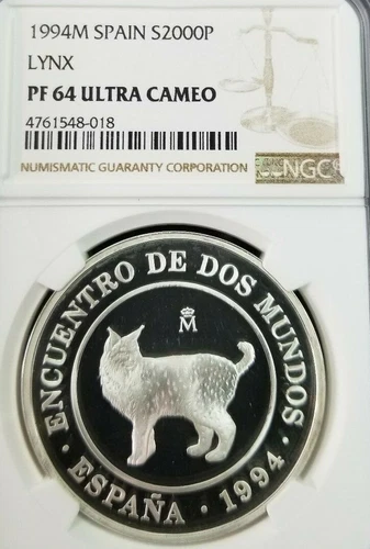 1994 SPAIN SILVER 2000 PESETAS S2000P LYNX NGC PF 64 ULTRA CAMEO VERY SCARCE