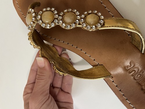 MYSTIQUE Gold Light Brown Leather Women's Flat Sandals Summer Size 9 - Picture 12 of 14