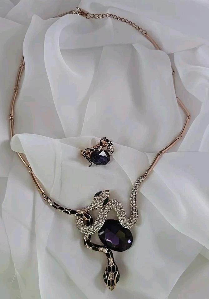 Viennois Double Snakes Necklace with Pin Set Rose Gold Plated Purple Gem 19" Foto 2 de 4