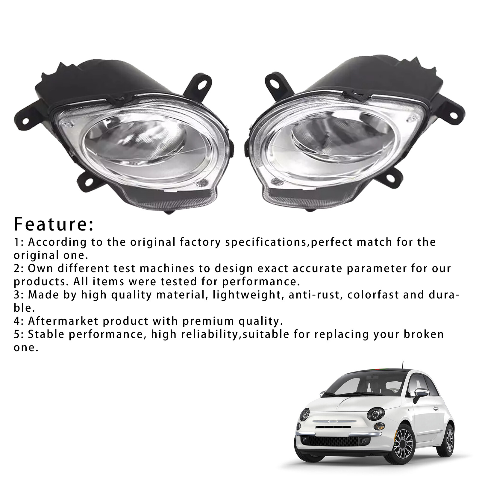 High Beam Headlamp Pair for 2008-2015 Fiat 500 Hatchback Left & Right