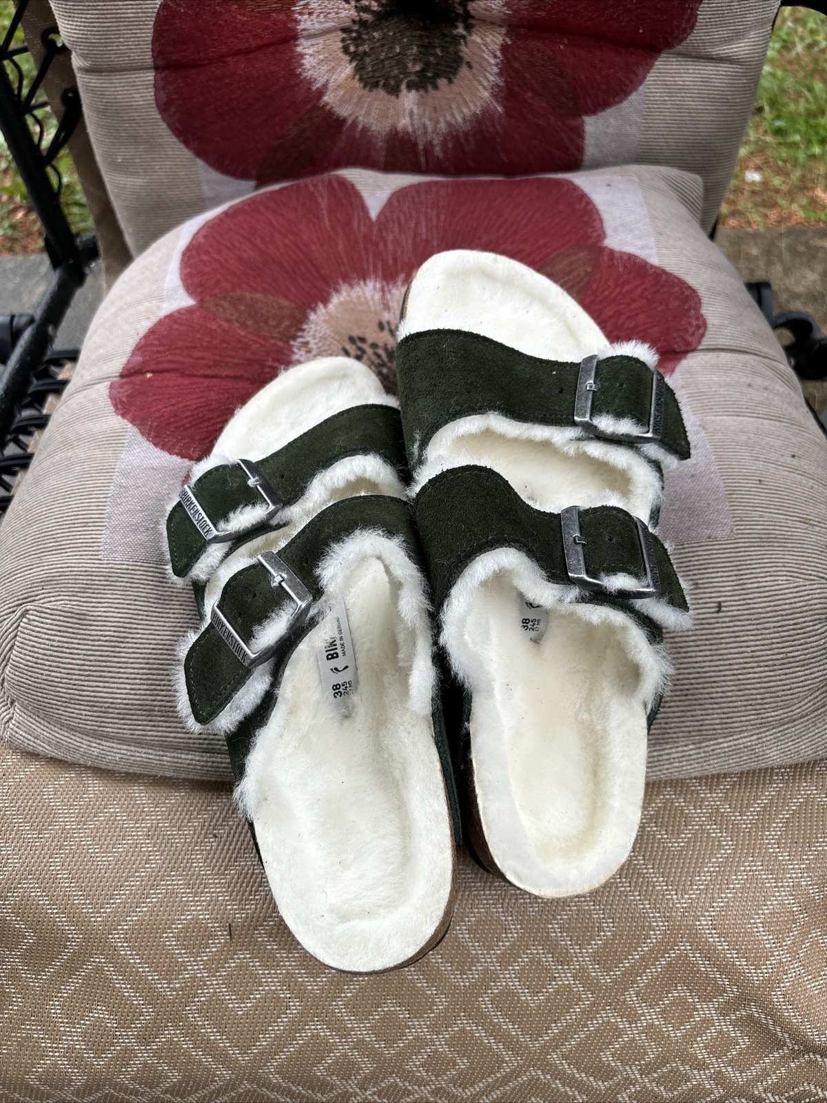 Birkenstock Arizona Suede Leather Genuine Fur Shearling Mountain Green 38 image 7