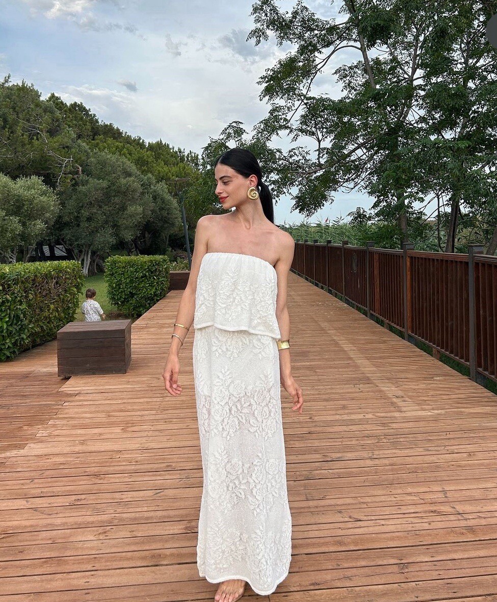 ZARA WOMAN WHITE JACQUARD KNIT BANDEAU MIDI DRESS SIZE M