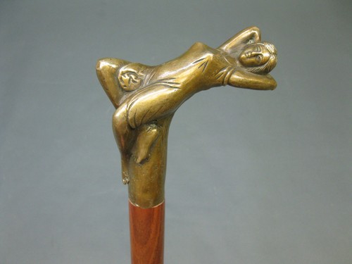 Holz Gehstock Bronze Griff Akt Dame Spazierstock 88cm Sammlerstock Jugendstil - Bild 4 von 10