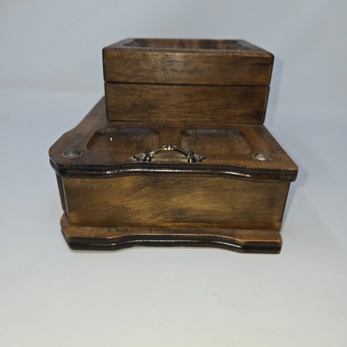 Vintage Wood Men's Valet Jewelry Box 1980s 2 Tier 3 Compartment 10.5" x 6.5" - Picture 12 of 13
