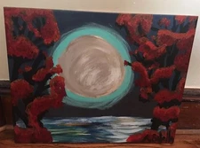 Original Canvas Painting of Full Moon behind Trees Abstract ART 16" x 20"