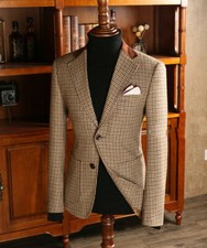 Men Suit Brown Houndstooth Checkered Notch Lapel Blazer Groom Prom Tuxedo Suit