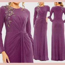 USED MAC DUGGAL [ 14 ] 42106 Jersey High Neck Long Sleeve Embellished Gown J856