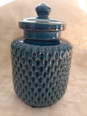 Imax Teal Glazed Ceramic Canister with Lid  -  8'' Tall and 4.75'' Wide