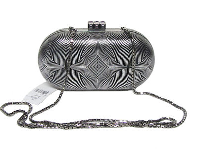 $1695 JUDITH LEIBER Enero Ebonized Silver Black Deco Minaudière Clutch Bag RARE