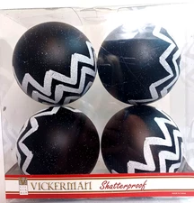 Christmas Ornaments Unopened Black White Set of 4 Vickerman Shatterproof