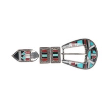 Old Zuni Native American sterling silver channel inlay ranger belt buckle set