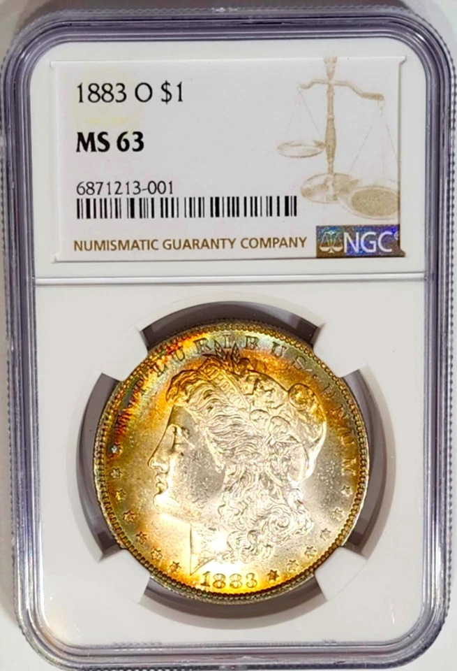 Dólar Morgan 1883-O NGC MS 63 tono arco iris brillante Foto 3 de 4