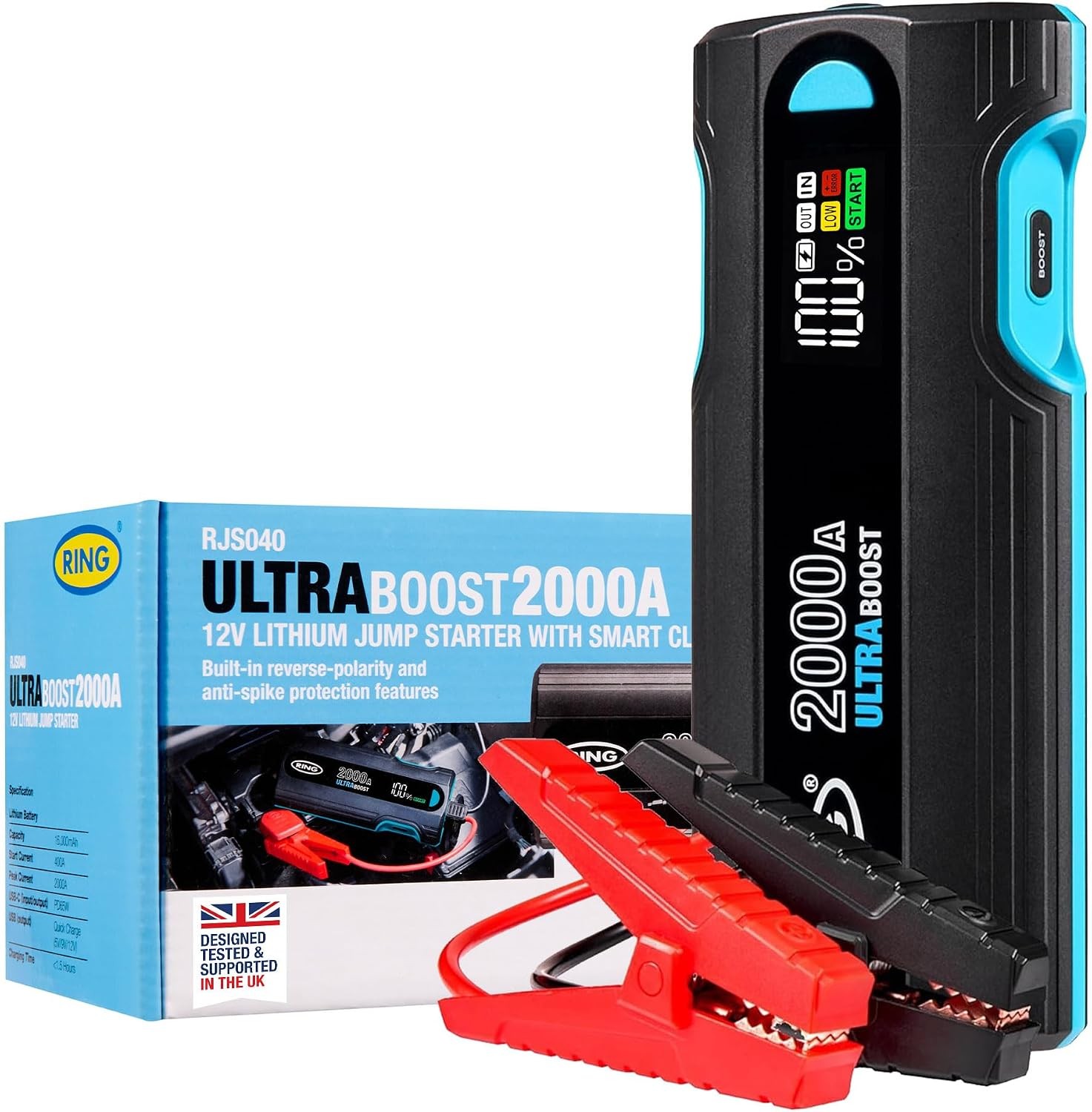 RING ULTRABOOST 2000A Car Battery Jump Starter Power Pack | Starts Up to 8L Petrol & 4L Diesel Engines, PD65W USB Charger, LED Torch, Compact Design, Long Clamp Cables - Image 4