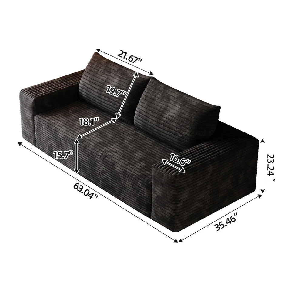 63" Boneless couch Loveseat Sofa Comfy Deep Seat Modern with Black Plush Fabri - Image 2 of 4