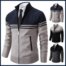 Men Winter Thick Fleece Sweater Stand Collar Zipper Cardigan Striped