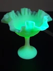 Vtg Uranium Glass FENTON RUFFLED COMPOTE Persian Medallion BLACKLIGHT GLOW Candy