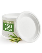 7 Inch White Compostable Sugarcane Paper Plates, 150 Pack