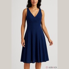 Ralph Lauren V-neck Sleeveless Eyelet Knee Length Dress Women 8 Navy Blue