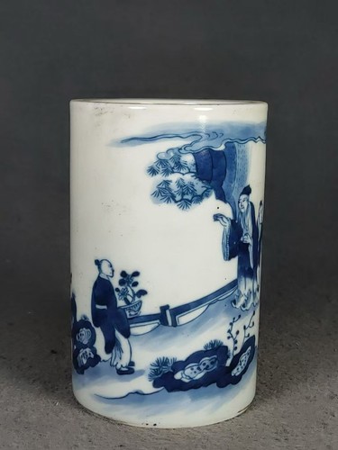 Antiker chinesischer Porzellan Qing Dynastie blau und weiß Pinseltopf 20