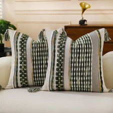 Set of 2 Boho Pillow Covers with Tassels Olive Green 18x18 Inch Farmhouse Dec...
