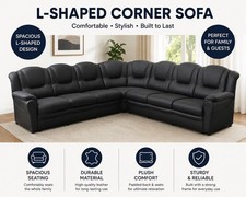 Modern Large Black Leather L‑Shaped Corner Sofa Sectional Couch Living Room