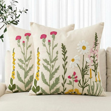 Spring Summer Floral Daisy Embroidered Throw Pillow Covers, 18 X 18 Inch Beige C