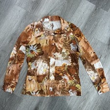 Vintage 70s Button Down Womens Disco Blouse Photo Print Scenic Retro Boho 36 Sm