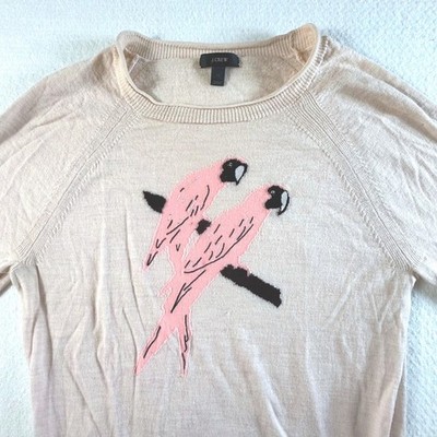 J.Crew Merino Wool Sweater Womens Medium Pink Parrot Intarsia Knit Crewneck