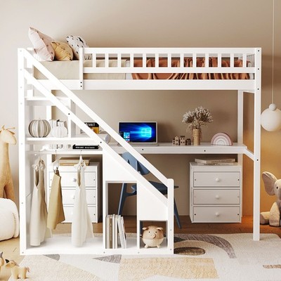 Twin Size Loft Bed with Two Chest of Drawers, Desk and Light Strip, White