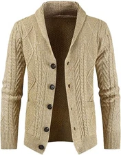 Men's Cable Knit Cardigan Sweater Wool Blend Long Sleeve Shawl Collar Casual