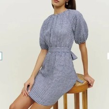 Reformation Irwin Dress Challah Check Blue Linen Mini Open Back Size 10 NWT