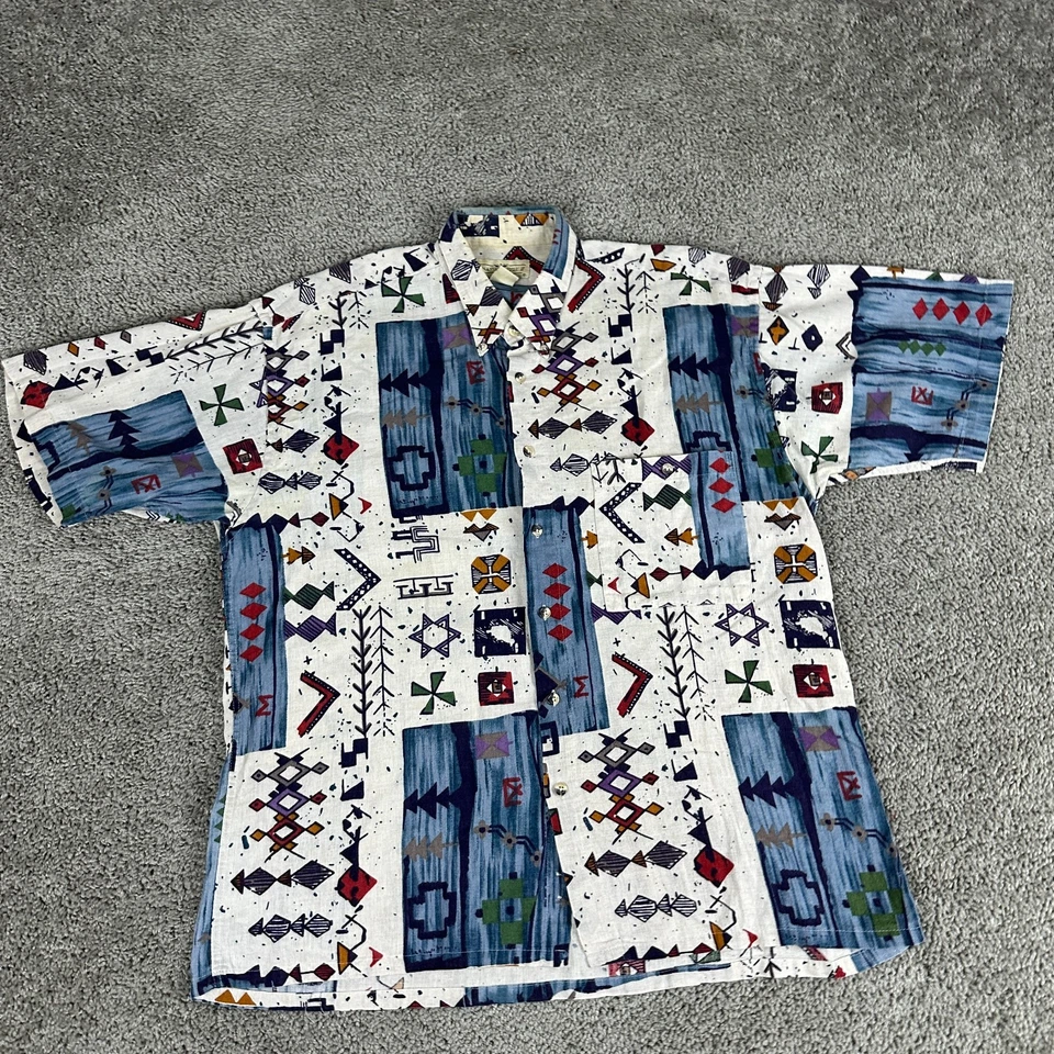 VINTAGE Natural Issue Shirt Mens Large Linen Blend Aztec Navajo Tribal Print - Image 2 of 4
