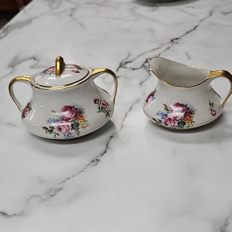 Bassett Porcelain Floral Creamer & Lidded Sugar Bowl Set White Pink Gold