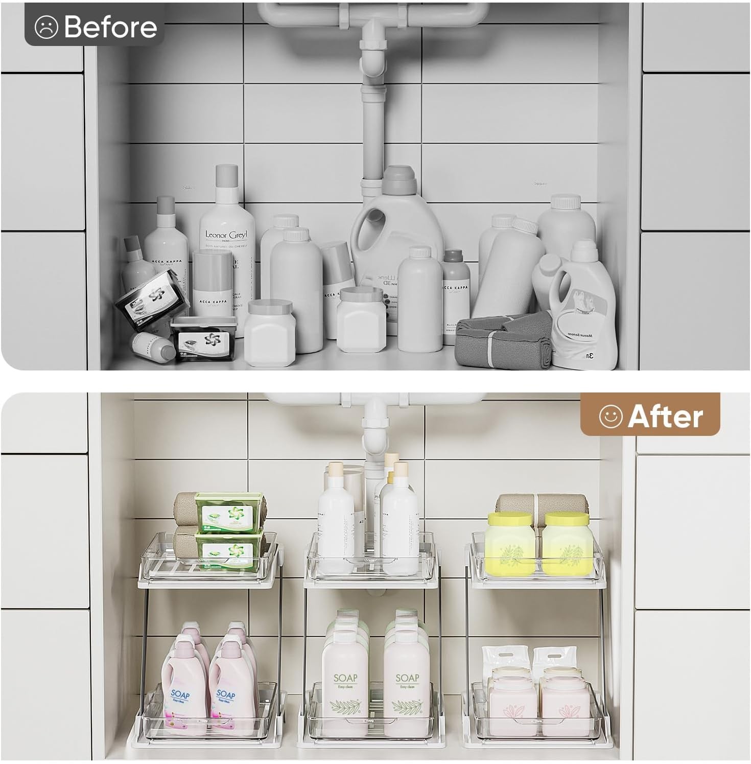 2 Tier Clear Pull Out Organizer Under Sink Bathroom Kitchen Storage Rack