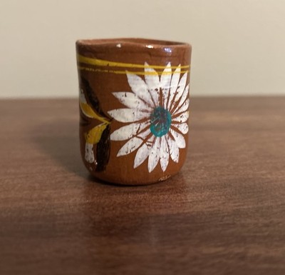 Vtg Mexican Folk Art Mini Clay Jarrito Hand Painted Terracotta Mug Tequilero