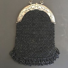 Antique 1920s Micro Beaded Flapper Purse Fringe Evening Bag Metal Frame
