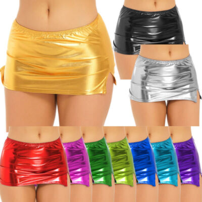 Damen Minirock Sexy Röcke Solid Unterrock Wet Look Rock Metallic Unterwäsche
