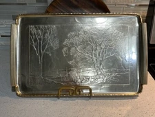 MCM Vintage Arthur Armour Hammered Gold Anodized Serving Tray.  Woodland Scence