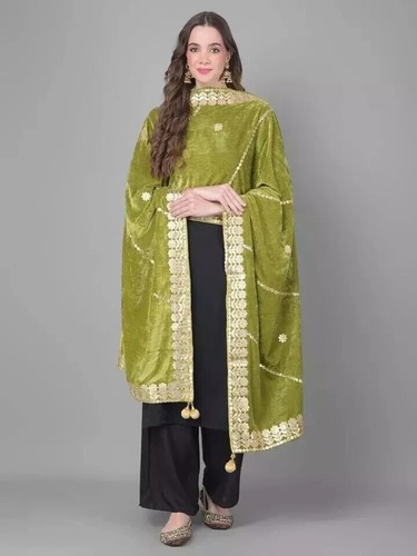 Green & Gold Scarf Fancy Ethnic Embroidered Gotta Patti Velvet Dupatta/Chunni - 第 6/6 張圖片