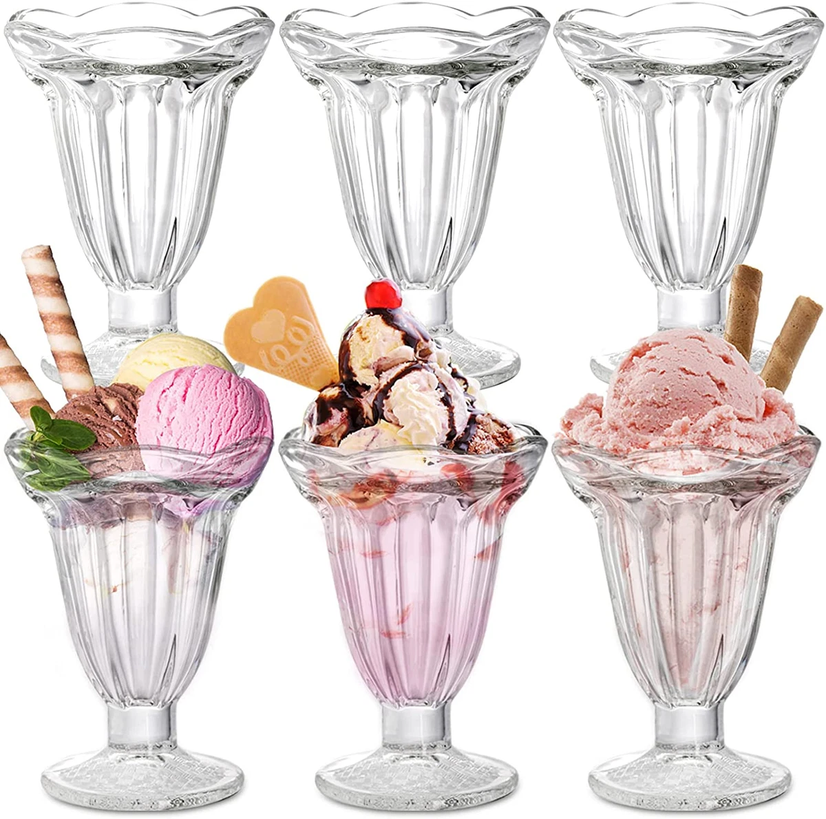 6 Pack Glass Tulip Sundae Cups 6.7 Ounce Clear Milkshakes Footed Ice Cream Cups